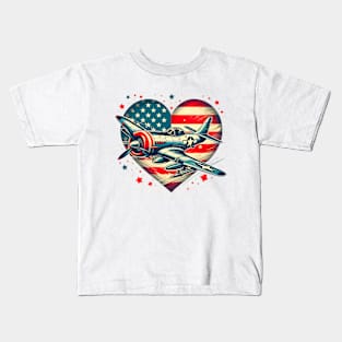 Retro july 4th Fighter Jet Airplane, American Flag Heart, Freedom Kids T-Shirt